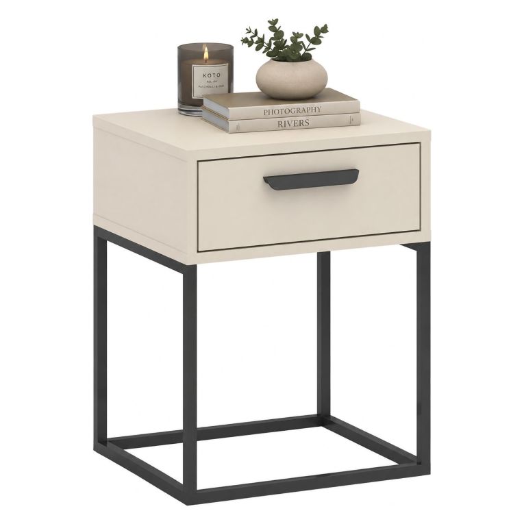 Comodino Beige Cashmere un Cassetto Apertura Scorrevole 40x39x52h cm, Chiusura Scorrevole - Lelimapa