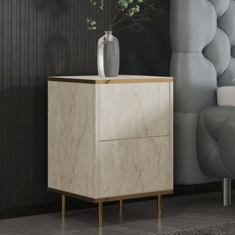Comodino Beige Marmo oro un Ripiano Apertura Battente 40x35x60h cm, Un'anta - Vestone
