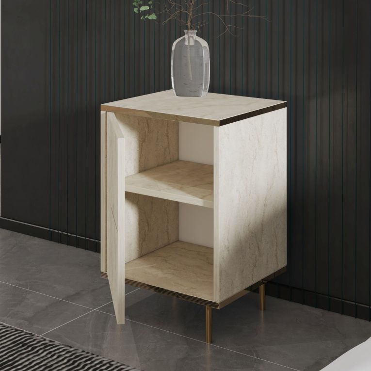 Comodino Beige Marmo oro un Ripiano Apertura Battente 40x35x60h cm, Un'anta - Vestone
