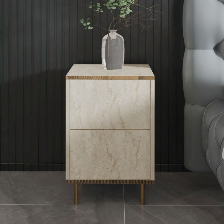 Comodino Beige Marmo oro un Ripiano Apertura Battente 40x35x60h cm, Un'anta - Vestone