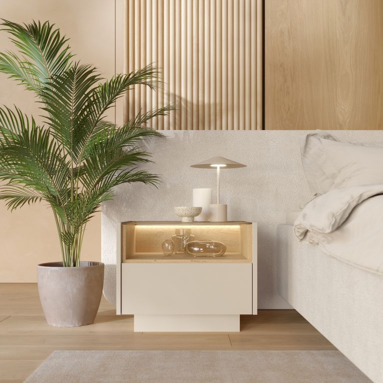 Comodino Beige Marrone Rovere un Cassetto 2 Ripiani 53x40x43h cm, Apertura Push-pull - Veirra