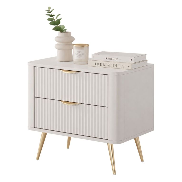 Comodino Beige oro 2 Cassetti un Ripiano 63x38x55h cm, Apertura Scorrevole - Baari