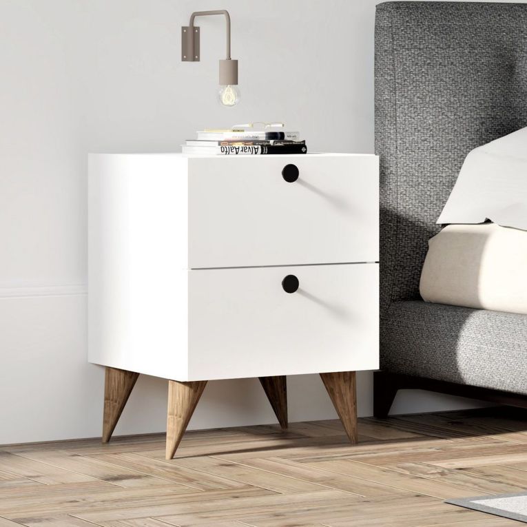 Comodino Bianco 2 Cassetti Apertura Scorrevole 40x42x55h cm, Chiusura Scorreveol - Cerveno