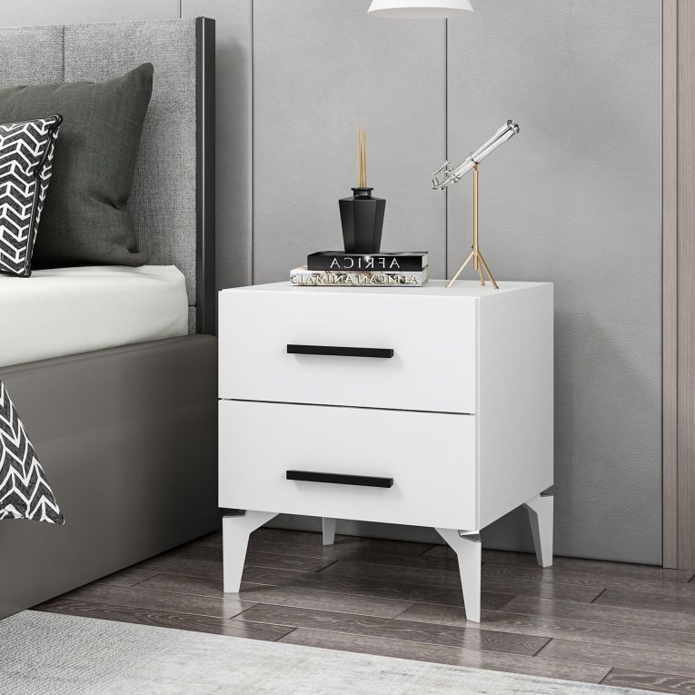 Comodino Bianco 2 Cassetti Apertura Scorrevole 50x47x56h cm, Chiusura Scorrevole - Lernan
