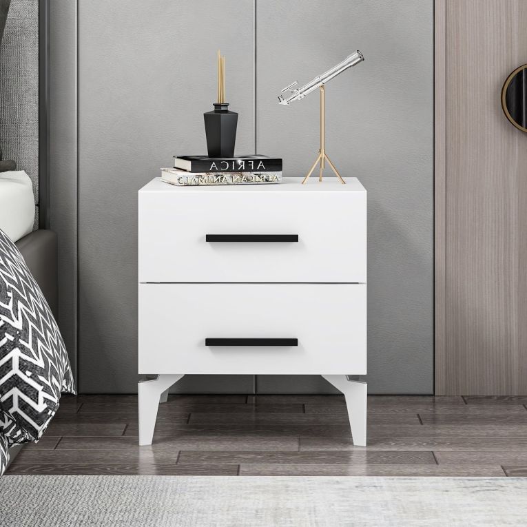 Comodino Bianco 2 Cassetti Apertura Scorrevole 50x47x56h cm, Chiusura Scorrevole - Lernan