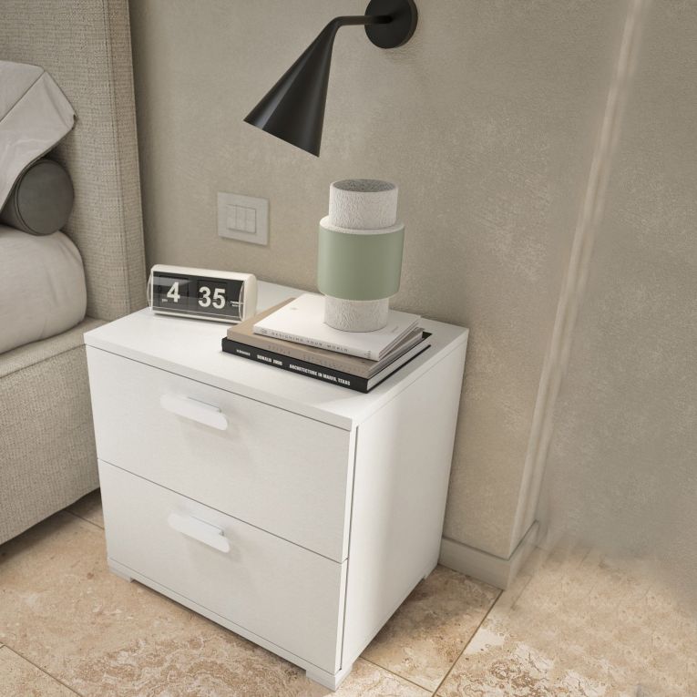 Comodino Bianco 2 Cassetti un Ripiano 50x40x45h cm, Apertura Scorrevole - Petri