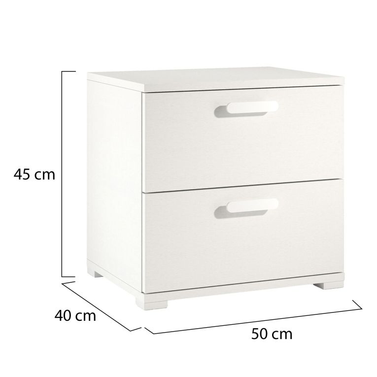 Comodino Bianco 2 Cassetti un Ripiano 50x40x45h cm, Apertura Scorrevole - Petri
