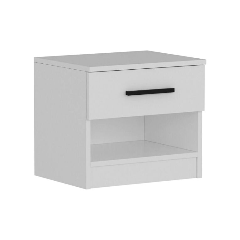 Comodino Bianco 2 Ripiani un Cassetto 50x40x47h cm, Apertura Scorrevole - Igme