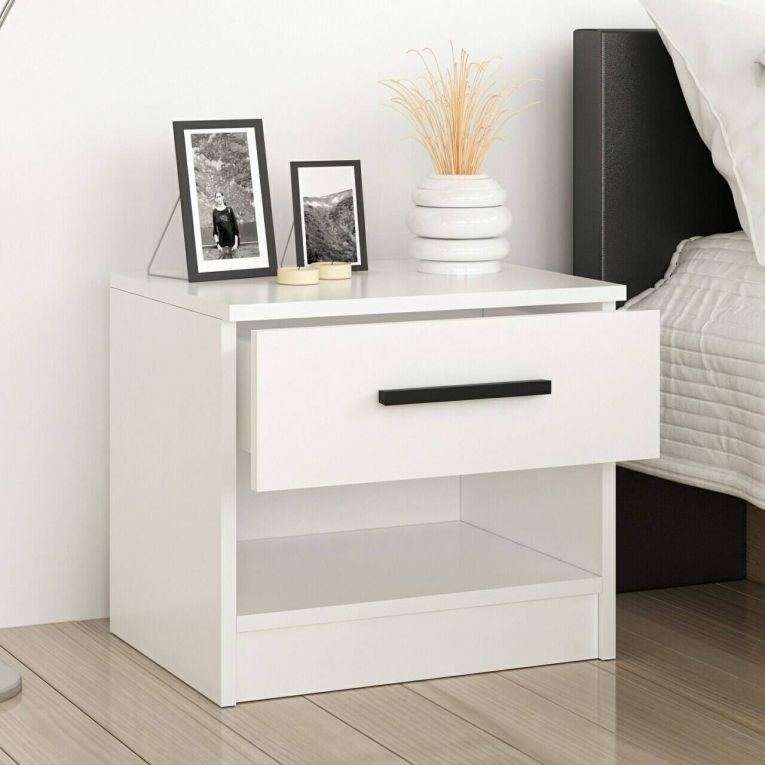 Comodino Bianco 2 Ripiani un Cassetto 50x40x47h cm, Apertura Scorrevole - Igme