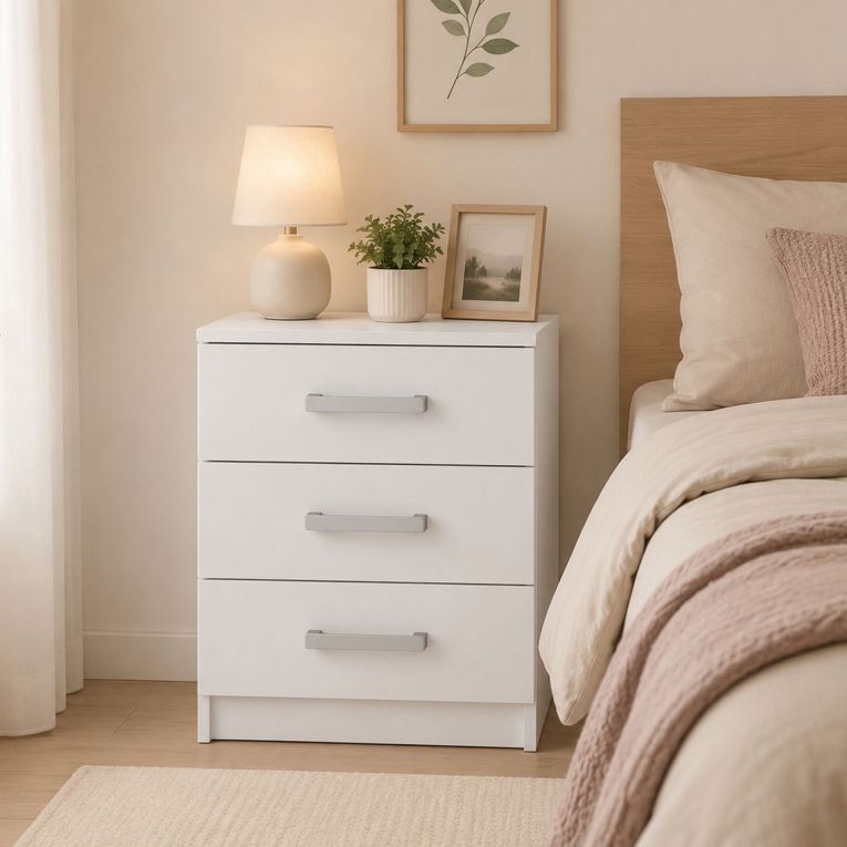 Comodino Bianco 3 Cassetti Apertura Scorrevole 46x43x59h cm, Chiusura Scorrevole - Lebale