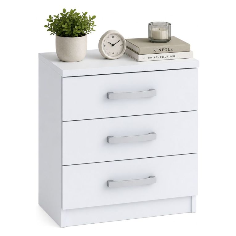Comodino Bianco 3 Cassetti Apertura Scorrevole 46x43x59h cm, Chiusura Scorrevole - Lebale