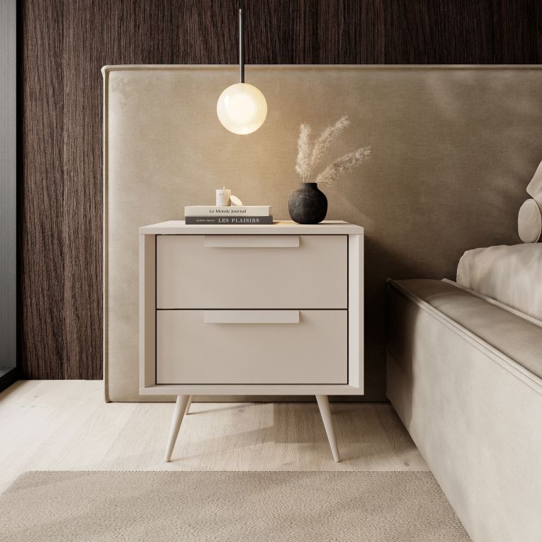 Comodino Bianco Cashmere 2 Cassetti un Ripiano 52x40x57h cm, Apertura Scorrevole - Garo