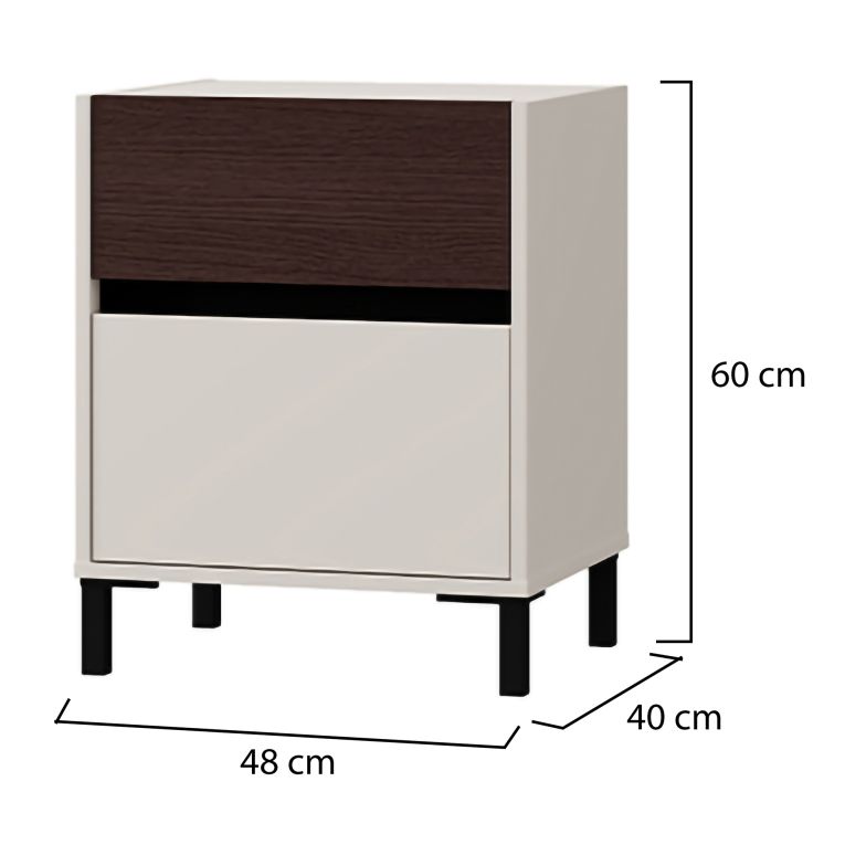 Comodino Bianco Crema Marrone Noce 2 Cassetti un Ripiano 48x40x60h cm, Apertura Scorrevole - Gili