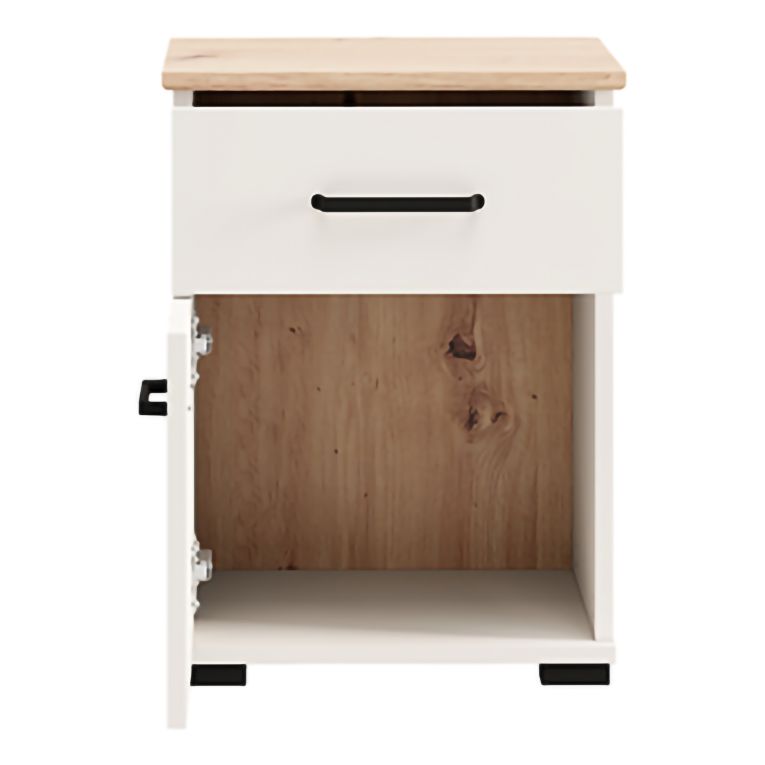 Comodino Bianco Crema Marrone Rovere un Cassetto un Ripiano 41x40x54h cm, Apertura Battente, Scorrevole - Punak