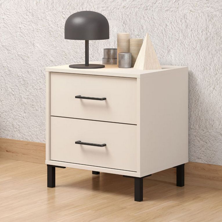 Comodino Bianco Crema Nero un Ripiano 2 Cassetti 48x40x52h cm, Apertura Scorrevole - Clanezzo