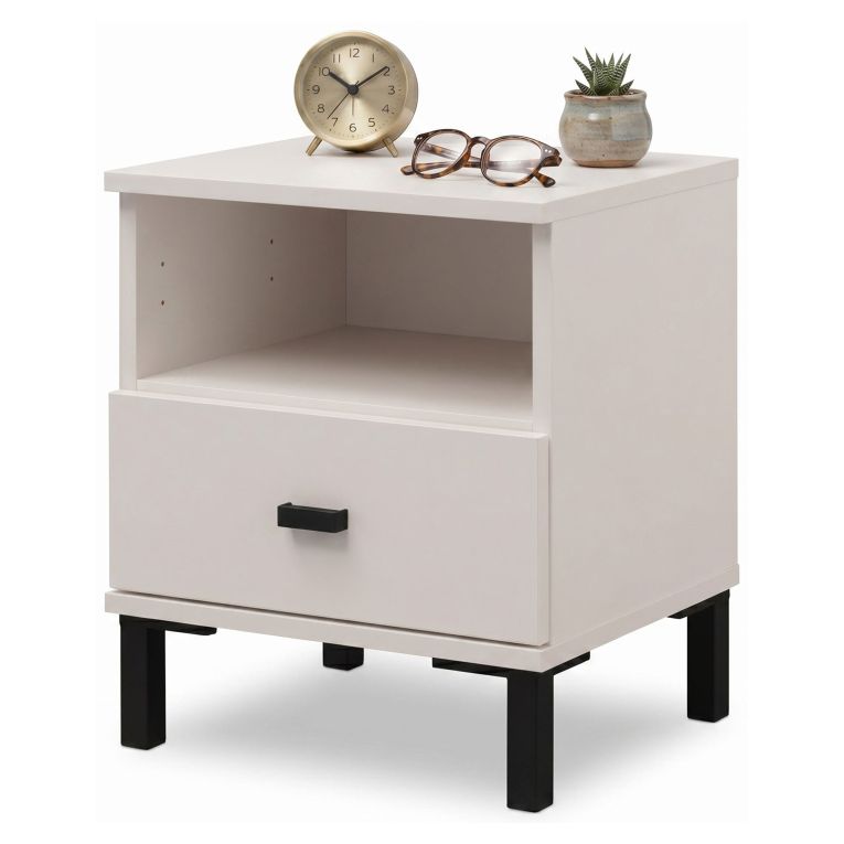 Comodino Bianco Crema un Cassetto 2 Ripiani 39x35x45h cm, Apertura Scorrevole - Ghadam
