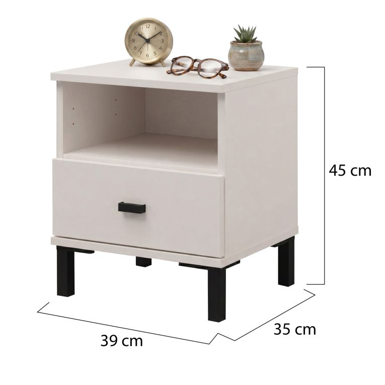 Comodino Bianco Crema un Cassetto 2 Ripiani 39x35x45h cm, Apertura Scorrevole - Ghadam