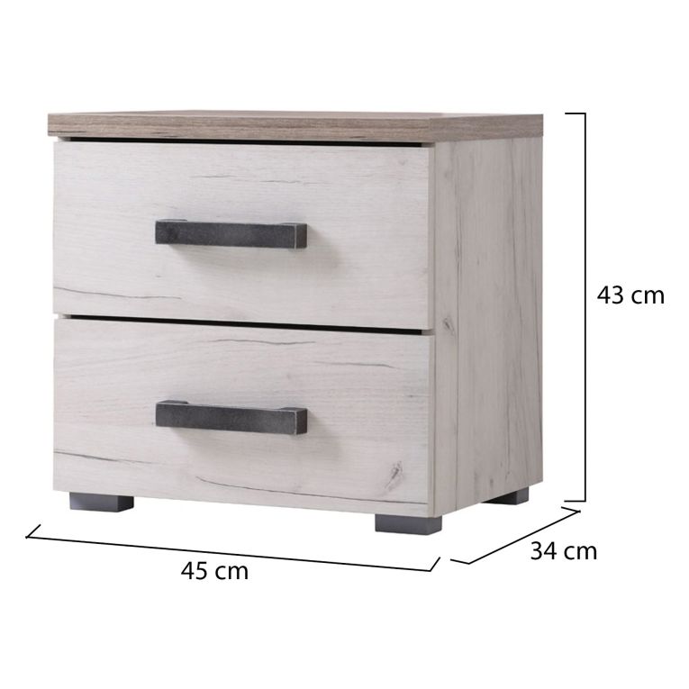 Comodino Bianco Larice Marrone Rovere Scuro 2 Cassetti un Ripiano 44.5x33.5x43h cm, Apertura Scorrevole - Roncello