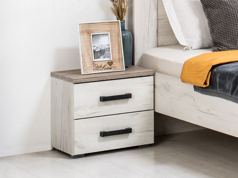 Comodino Bianco Larice Marrone Rovere Scuro 2 Cassetti un Ripiano 44.5x33.5x43h cm, Apertura Scorrevole - Roncello