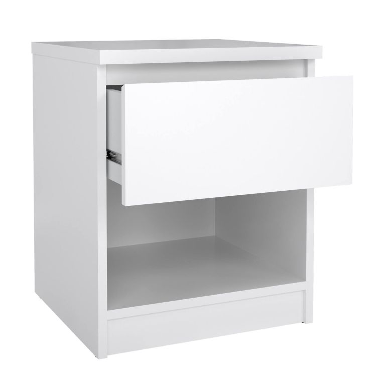 Comodino Bianco Lucido un Cassetto un Ripiano 40x40x50h cm, Apertura Scorrevole - Scolastica