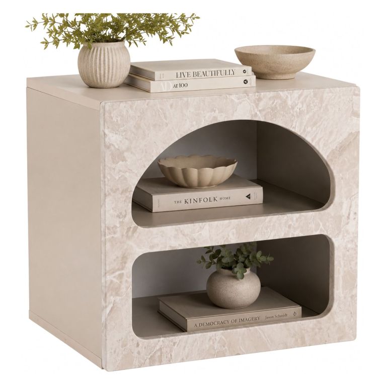 Comodino Bianco Marmo 3 Ripiani Sfumatura Colore Struttura Marmo 50x40x50h cm, Colore Ripiano Bianco - Nara