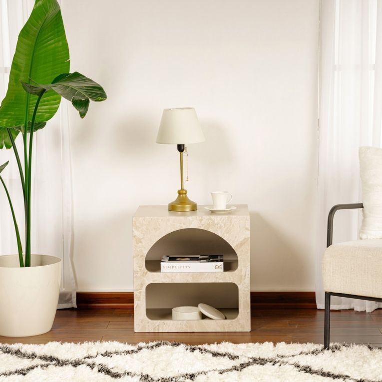 Comodino Bianco Marmo 3 Ripiani Sfumatura Colore Struttura Marmo 50x40x50h cm, Colore Ripiano Bianco - Nara