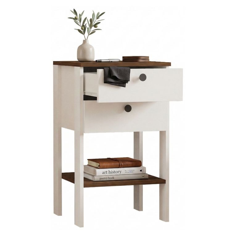 Comodino Bianco Marrone Noce 2 Cassetti un Ripiano 44x44x75h cm, Apertura Scorrevole - Torgnon