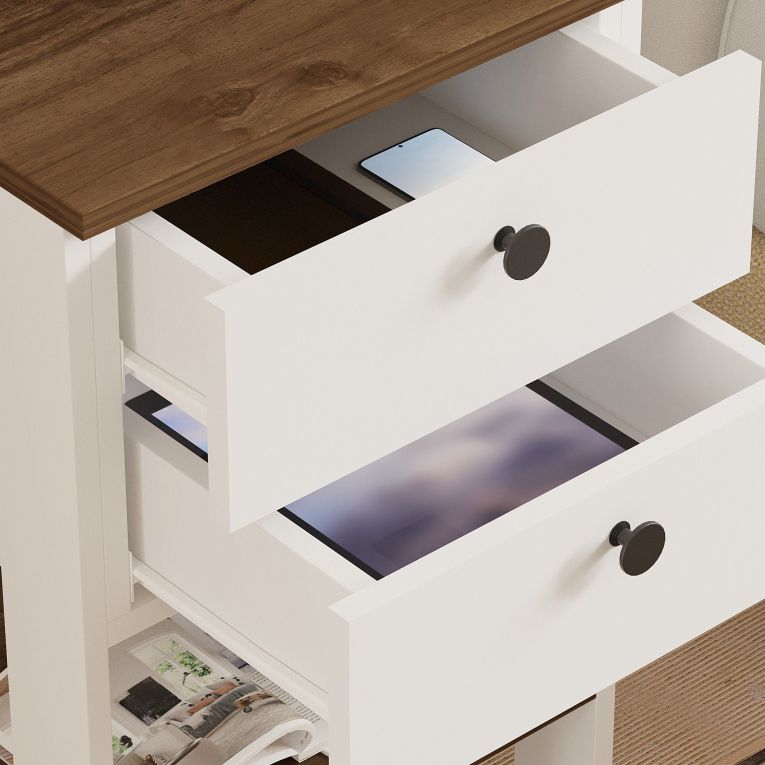 Comodino Bianco Marrone Noce 2 Cassetti un Ripiano 44x44x75h cm, Apertura Scorrevole - Torgnon