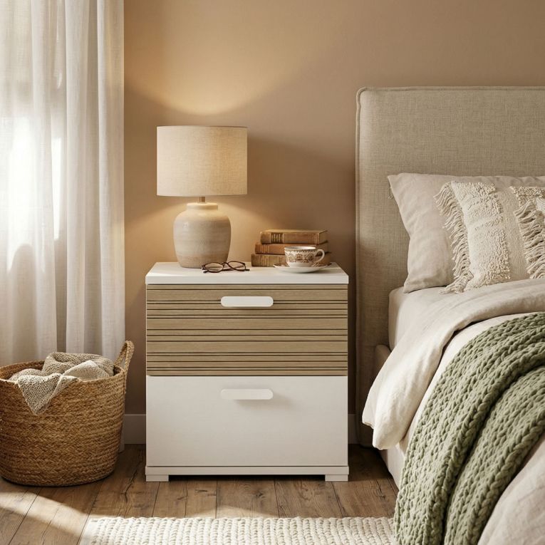 Comodino Bianco Marrone Rovere 2 Cassetti un Ripiano 50x40x45h cm, Apertura Scorrevole - Petri