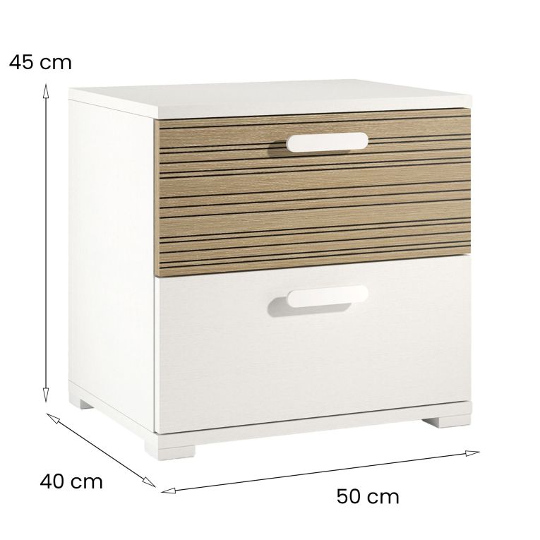 Comodino Bianco Marrone Rovere 2 Cassetti un Ripiano 50x40x45h cm, Apertura Scorrevole - Petri