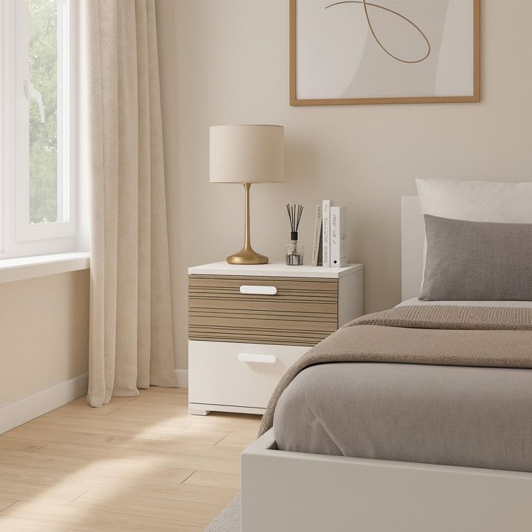 Comodino Bianco Marrone Rovere 2 Cassetti un Ripiano 50x40x45h cm, Apertura Scorrevole - Petri