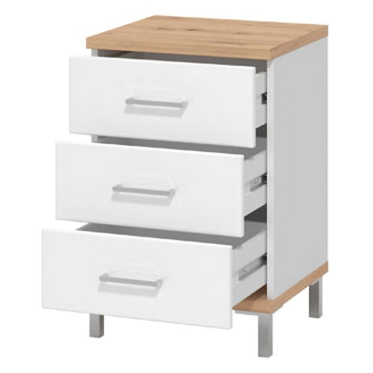 Comodino Bianco Marrone Rovere 3 Cassetti un Ripiano 45x40x69h cm, Apertura Scorrevole - Savino