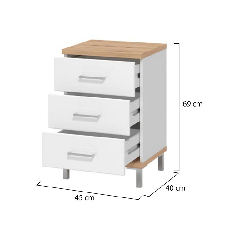 Comodino Bianco Marrone Rovere 3 Cassetti un Ripiano 45x40x69h cm, Apertura Scorrevole - Savino