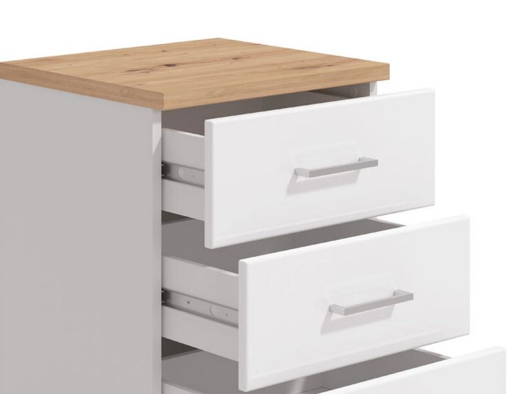 Comodino Bianco Marrone Rovere 3 Cassetti un Ripiano 45x40x69h cm, Apertura Scorrevole - Savino