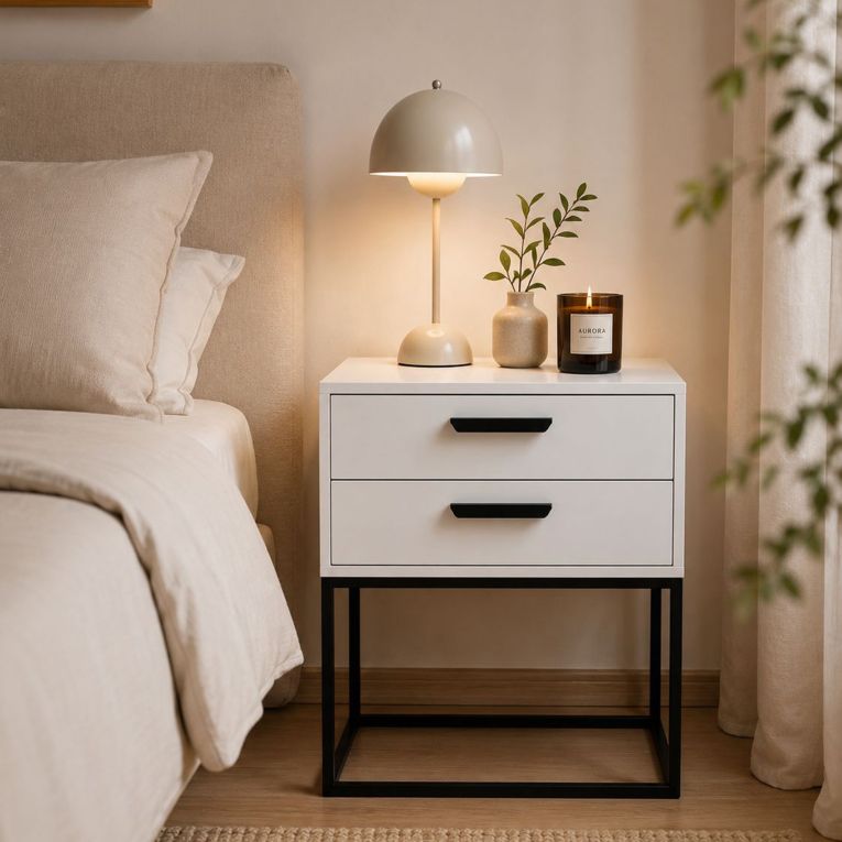 Comodino Bianco Nero 2 Cassetti Apertura Scorrevole 60x39x65h cm, Chiusura Scorrevole - Lelabati