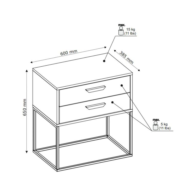 Comodino Bianco Nero 2 Cassetti Apertura Scorrevole 60x39x65h cm, Chiusura Scorrevole - Lelabati