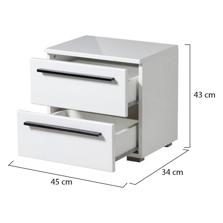 Comodino Bianco Nero 2 Cassetti un Ripiano 44.5x33.5x42.5h cm, Apertura Scorrevole - Mosso