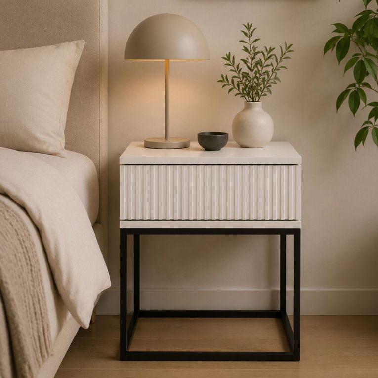 Comodino Bianco Nero un Cassetto Apertura Scorrevole 40x39x52h cm, Chiusura Scorrevole - Lelalaha