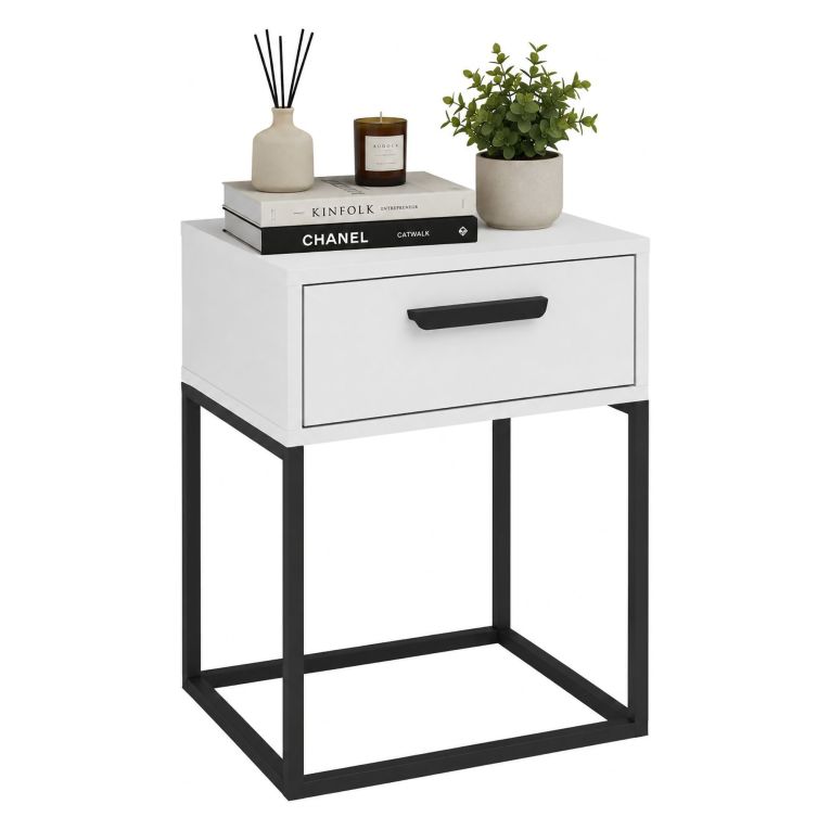 Comodino Bianco Nero un Cassetto Apertura Scorrevole 40x39x52h cm, Chiusura Scorrevole - Lelimapa