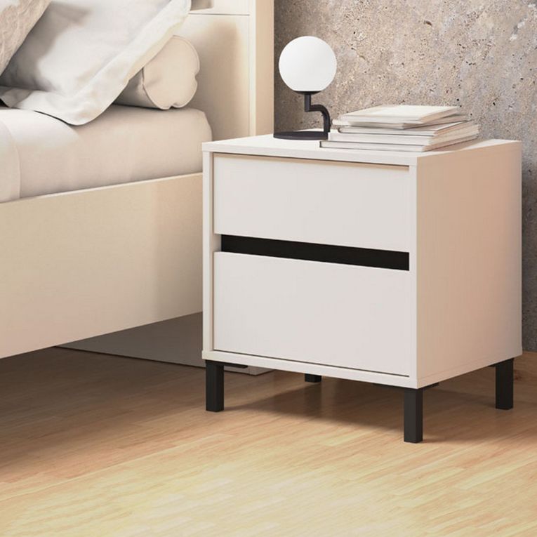 Comodino Bianco Nero un Ripiano 2 Cassetti 48x40x55h cm, Apertura Scorrevole - Combatte