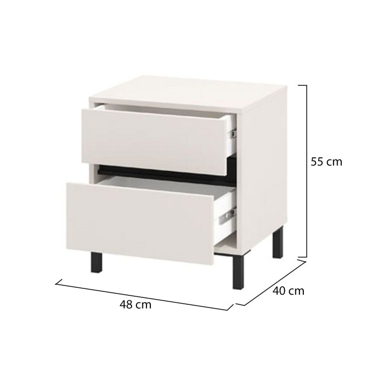 Comodino Bianco Nero un Ripiano 2 Cassetti 48x40x55h cm, Apertura Scorrevole - Combatte
