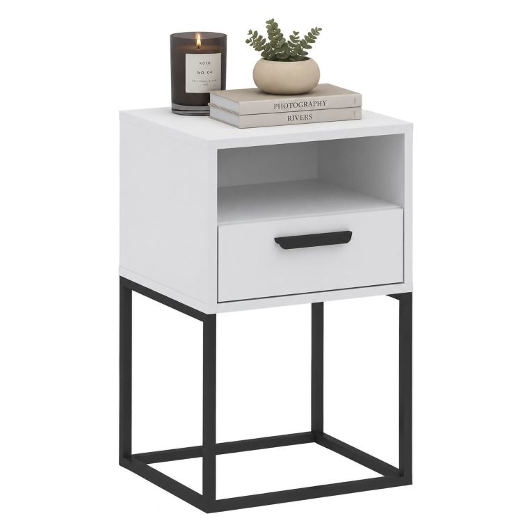 Comodino Bianco Nero un Ripiano un Cassetto 40x39x65h cm, Apertura Scorrevole - Lehadasa