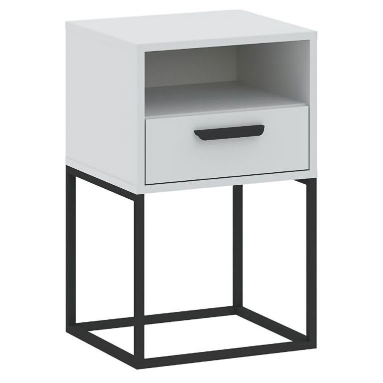 Comodino Bianco Nero un Ripiano un Cassetto 40x39x65h cm, Apertura Scorrevole - Lehadasa