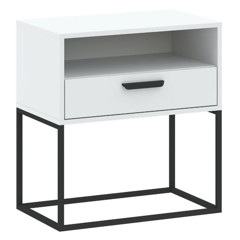 Comodino Bianco Nero un Ripiano un Cassetto 60x39x65h cm, Apertura Scorrevole - Leha