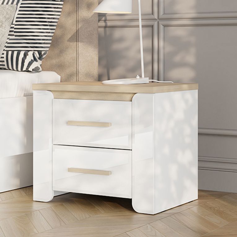 Comodino Bianco Opaco Marrone Rovere 2 Cassetti un Ripiano 58x40x50h cm, Apertura Scorrevole - Yamba