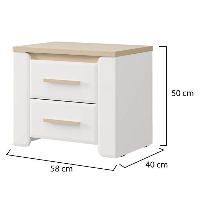 Comodino Bianco Opaco Marrone Rovere 2 Cassetti un Ripiano 58x40x50h cm, Apertura Scorrevole - Yamba