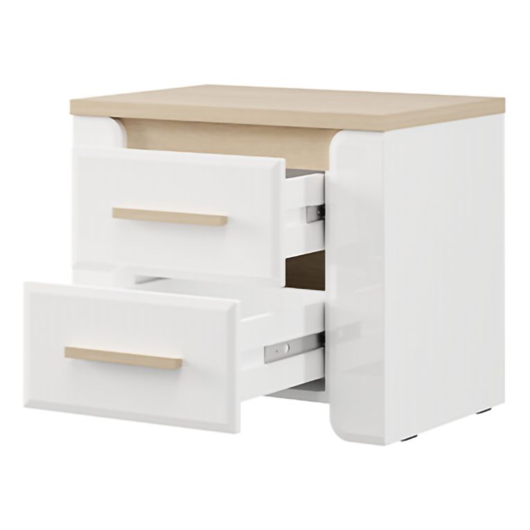 Comodino Bianco Opaco Marrone Rovere 2 Cassetti un Ripiano 58x40x50h cm, Apertura Scorrevole - Yamba
