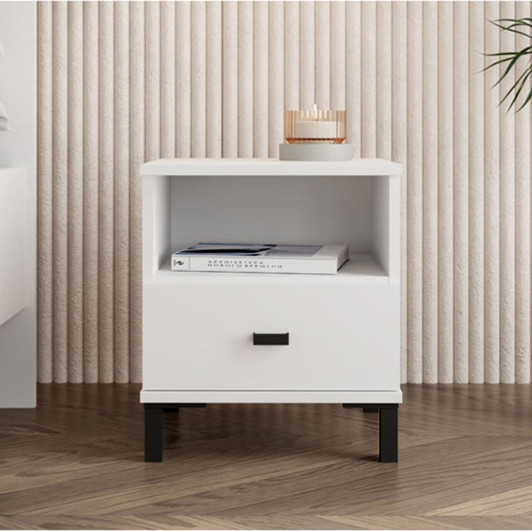 Comodino Bianco Opaco un Cassetto 2 Ripiani 39x35x45h cm, Apertura Scorrevole - Ghadam