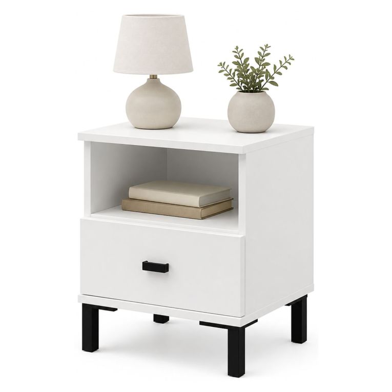 Comodino Bianco Opaco un Cassetto 2 Ripiani 39x35x45h cm, Apertura Scorrevole - Ghadam