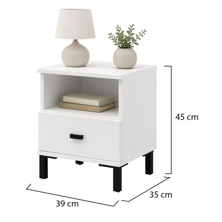 Comodino Bianco Opaco un Cassetto 2 Ripiani 39x35x45h cm, Apertura Scorrevole - Ghadam